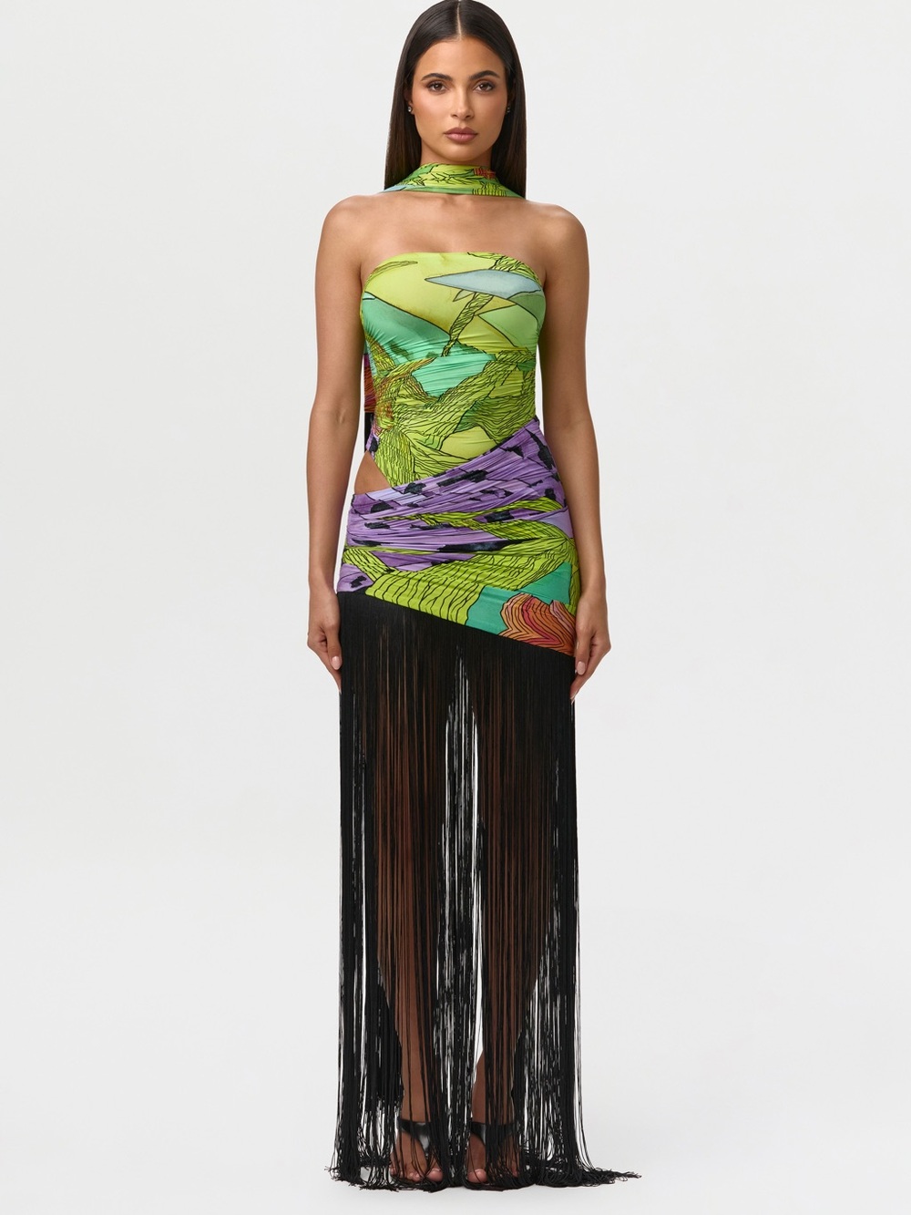 NWOT Naked Wardrobe Sz M Print Fringe Tube Dress Asym Bodycon Sash Green Purple